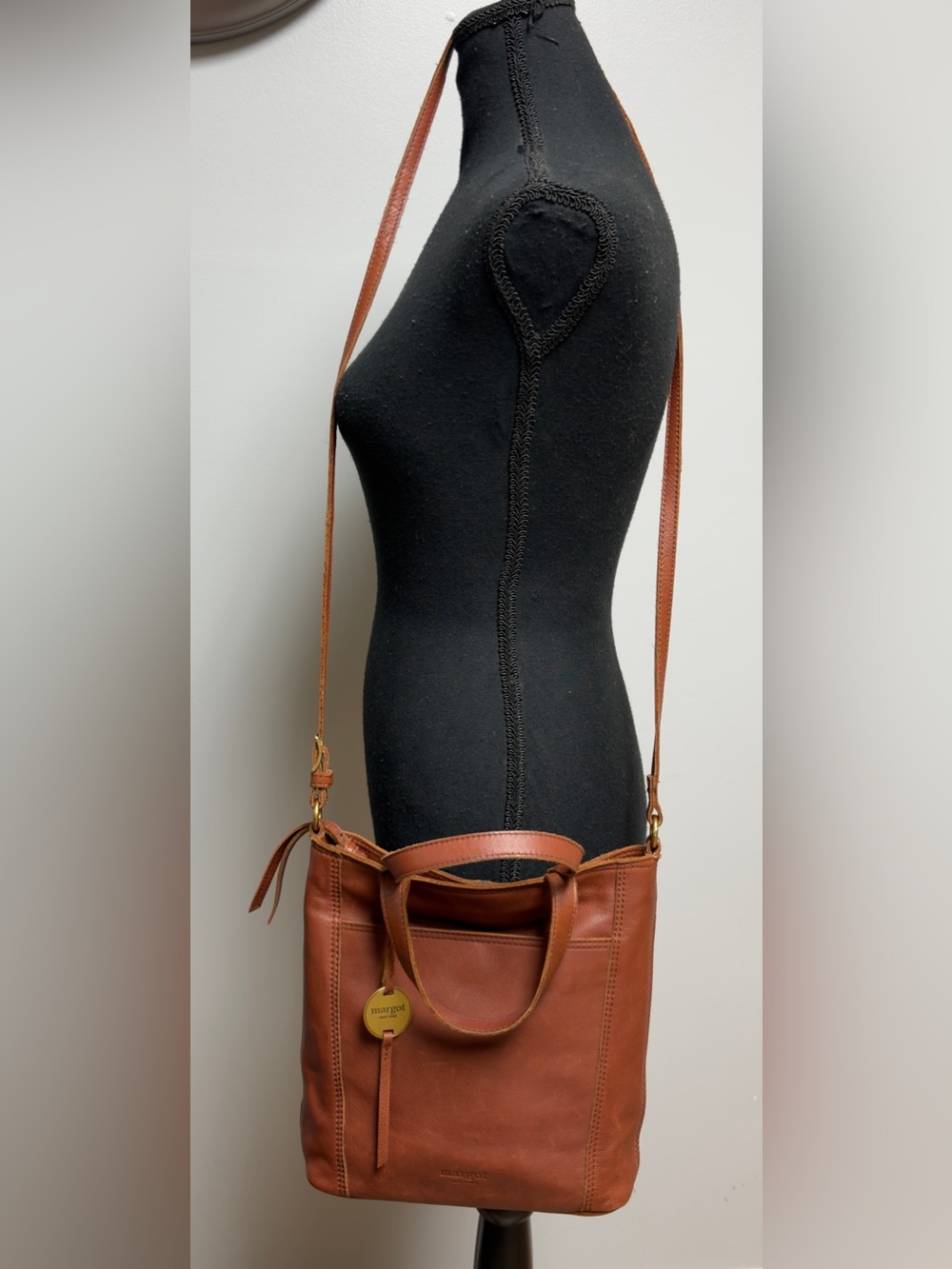Margot New York Anna Crossbody Tote Bag Brandy Brown Genuine Leather
